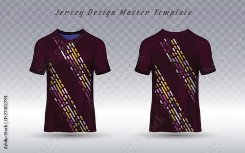 modern jersey design master template features a deep maroon base with dynamic diagonal stripes in yellow, white, and pink, perfect for sports teams or athletic apparel.