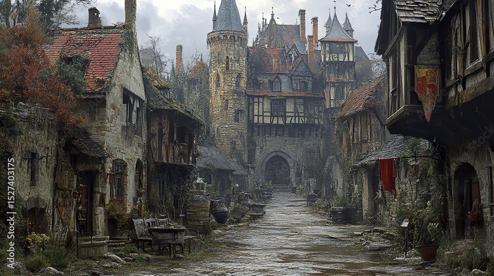 Obraz premium medieval village with stone buildings, cobblestone streets, and castle background evokes sense