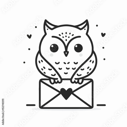 Cute owl sitting on love letter with hearts in minimalist style  