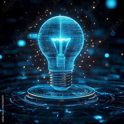 Light bulb floating above the center podium, with glowing edges symbolizes innovation in technology and power generation.