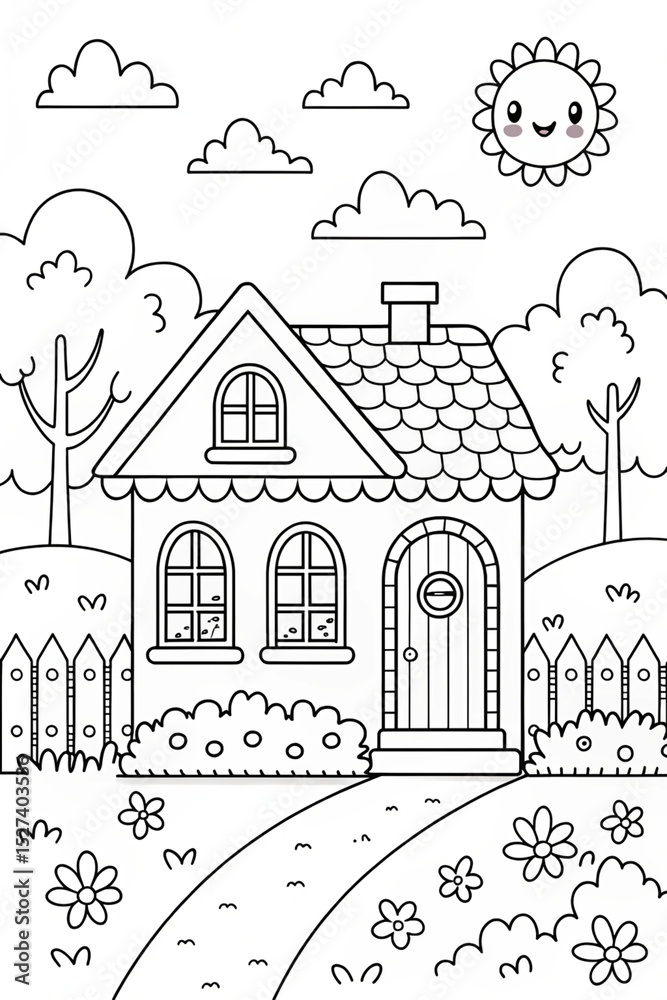 Naklejka premium Line drawing illustration,Colouring page for kids, hand drawn illustration of a cartoon, pre-school Colouring page, animal Colouring page, flower Colouring page, adult Colouring page, printables 