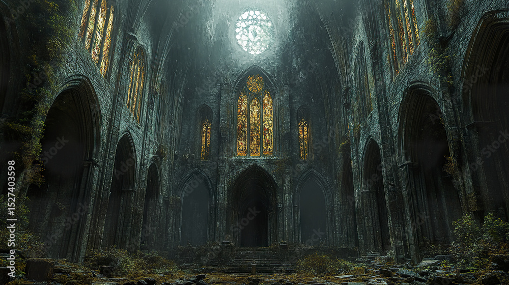 custom made wallpaper toronto digitalAncient ruins of gothic cathedral with stained glass windows and overgrown vegetation evoke