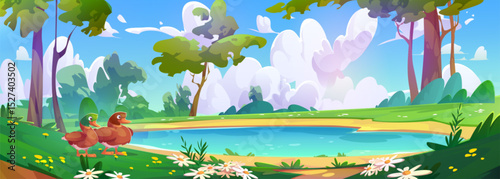 Duck couple stand by lake shore in forest with daisies bloom on grass meadow, tall trees surround blue water, fluffy clouds. Bright summer landscape with birds near peaceful pond for nature scenes.