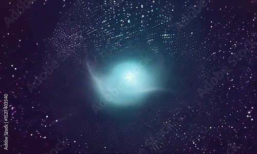 Abstract digital wave with glowing particles flowing across a dark gradient background.