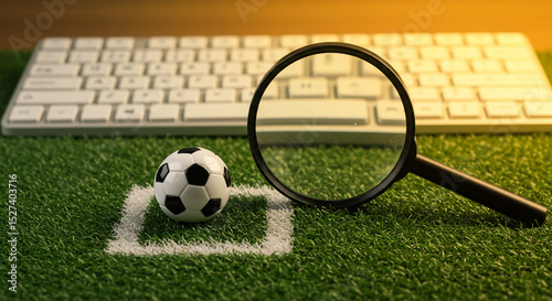 A soccer ball on green grass with a white line keyboard and magnifying glass in the background business.selling ,purchasing,agreement 