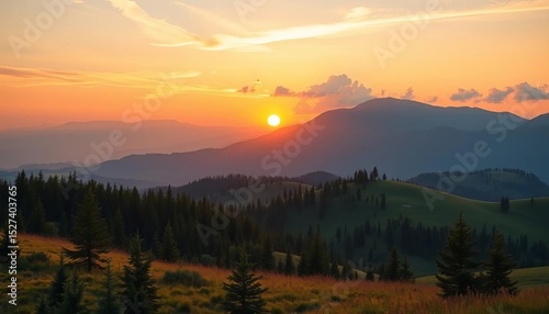 Sunset over hilly mountains, fir forest, and meadows; vector background illustration,  vibrant,  meadow