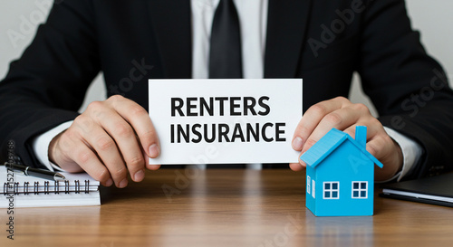 A person holding a renters insurance sign with a small blue house on a wooden desk with a pen and notebook business.selling ,purchasing,agreement 
