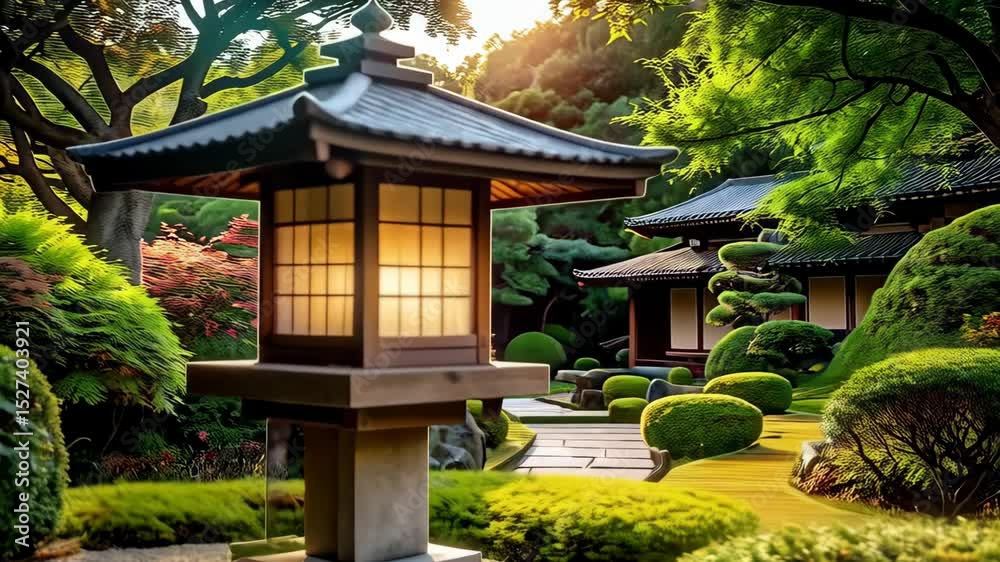 Traditional lantern glowing with light within a serene landscaped garden featuring rounded shrubbery and classical architectural details.