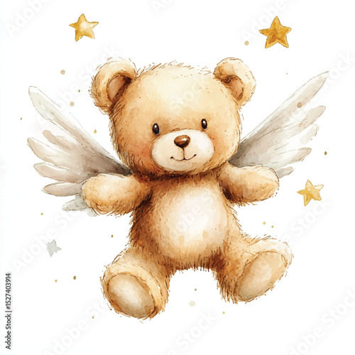 Watercolor Angel Teddy Bear with Wings Flying Among Stars