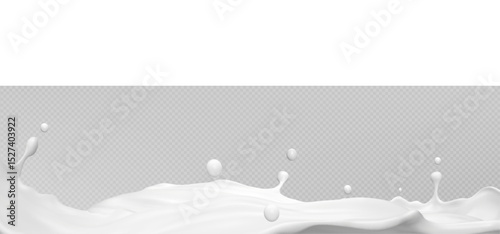 White milk wave splash with flying droplets on transparent background - creamy liquid flow for dairy product design. Fresh beverage motion effect isolated for packaging and advertising graphics.