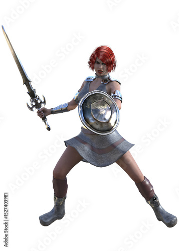 3D illustration of a fierce red-haired female warrior in armor, wielding a sword and shield. Strong stance, fantasy battle scene, medieval combat, warrior woman character with intense expression.