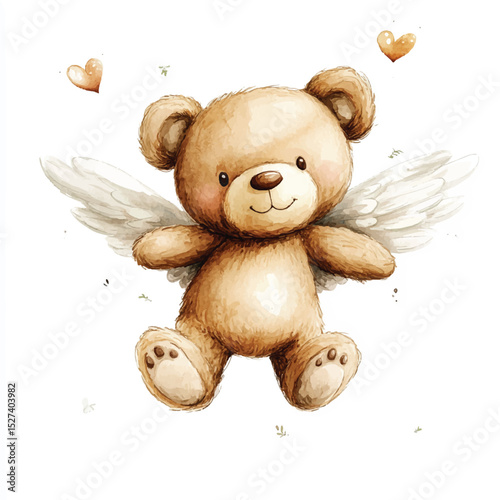 Watercolor Angel Teddy Bear with Wings Flying Among Stars