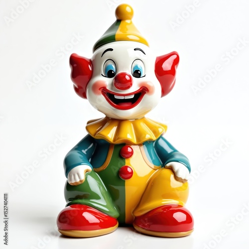 Cheerful ceramic clown toy smiles sits on white backdrop. Colorful clown red nose, red shoes, big ears. Happy toy decoration. Playful entertainment character for kid room decoration.
