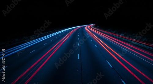 Speeding lights on a dark highway at night.