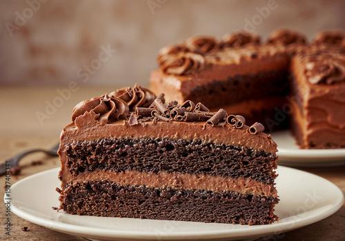 Chocolate cake piece presents layers on a plate enticing viewers with decadent dessert delicious indulgence
