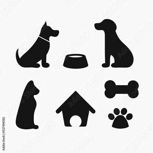 Dog Cat Pet Icons Silhouette Set of Canine, Feline, and Accessories