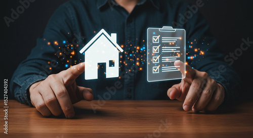 A person presenting a house icon and a checklist icon with sparkling effects on a wooden surface business.selling ,purchasing,agreement 