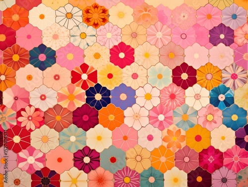 ポップな色合いの花が敷き詰められたような和柄背景