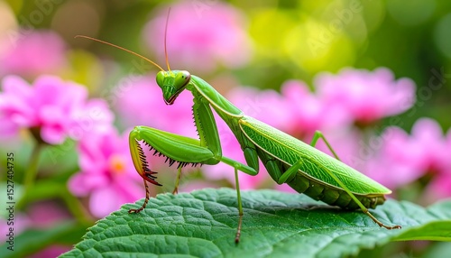 Green Praying Mantis on Leaf Among Pink Flowers