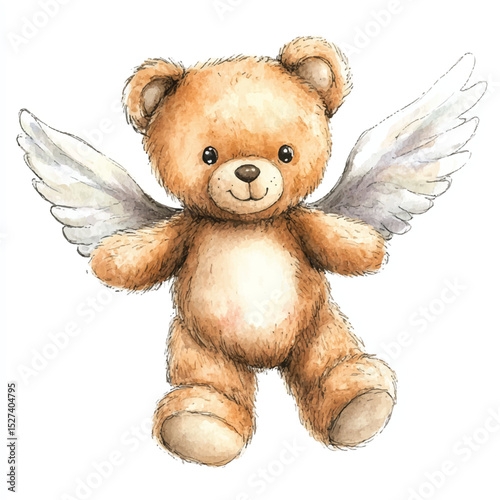 Watercolor Angel Teddy Bear with Wings Flying Among Stars
