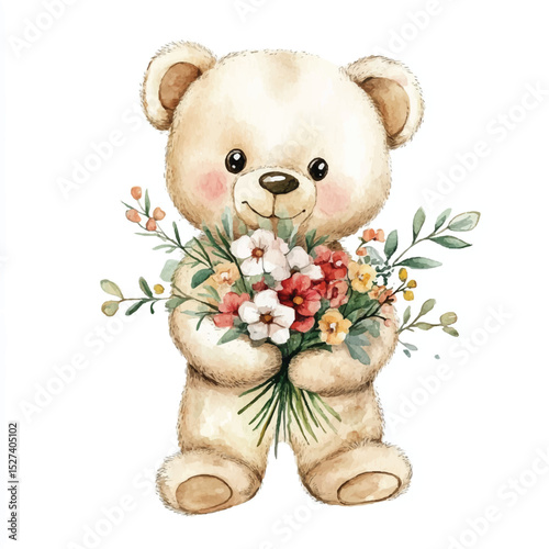 Watercolor Cute Teddy Bear Holding a Colorful Flower Bouquet