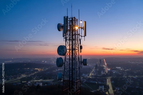 Telecommunication tower silhouetted against a beautiful sunset with city lights below