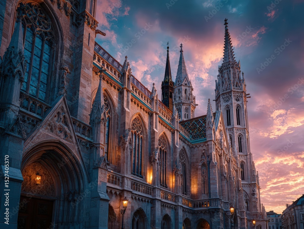 Fototapeta premium Capture a captivating long shot of a Gothic cathedral at dusk
