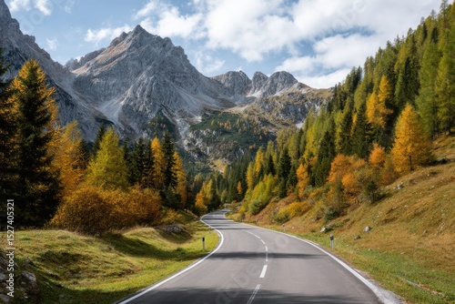 Autumn mountain road on white background