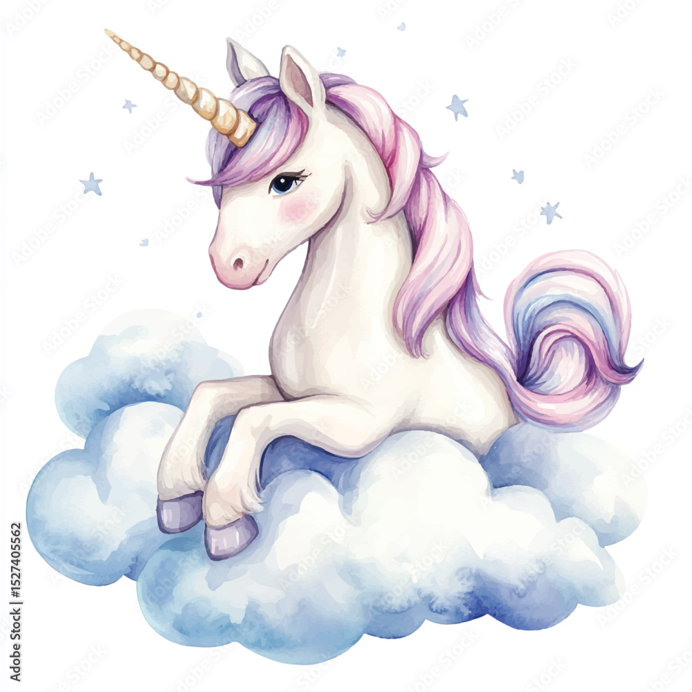 Naklejka premium Watercolor Unicorn Sitting on a Cloud Illustration