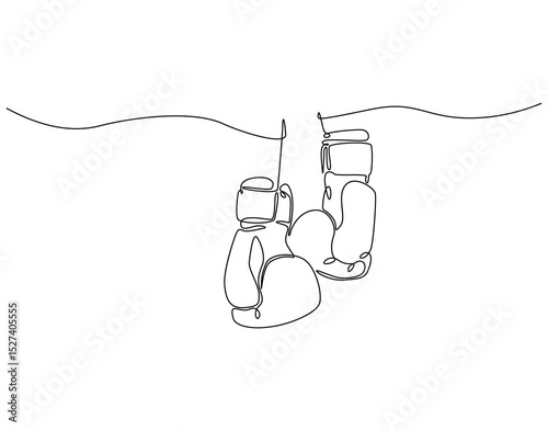 Continuous one line drawing of boxing gloves. One line drawing illustration of boxer equipment. Hand protection, fight training concept single line. Editable outline