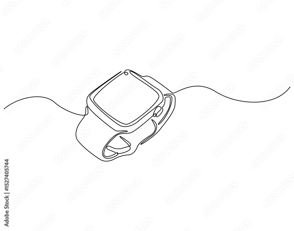 Obraz premium Continuous one line drawing of smartwatch. One line drawing illustration of fitness bracelet smartwatch. Clock touchscreen, technology concept single line. Editable outline