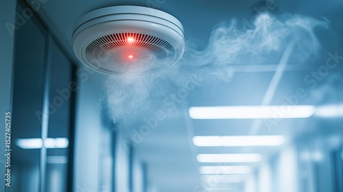 Fire and smoke triggering alarm and smoke detector in office, workplace emergency safety and fire prevention