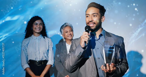 Quadro su tela Man, award and happy on conference stage, mic and acceptance speech for performance at company