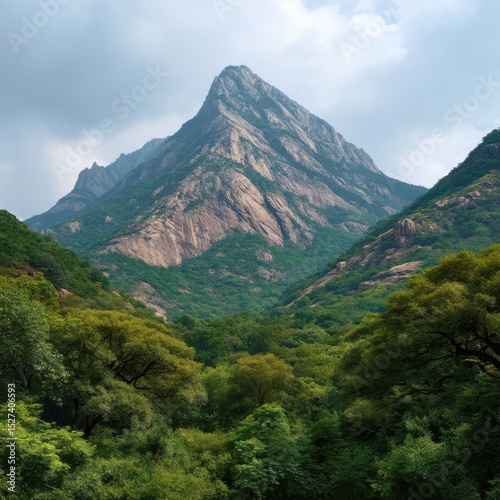 Majestic mountain peak on white background