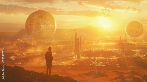 A Solitary Figure Overlooks a Futuristic Landscape Bathed in Golden Light, Surrounded by Enormous Spheres and Intricate Cityscapes Under a Dramatic Sunset