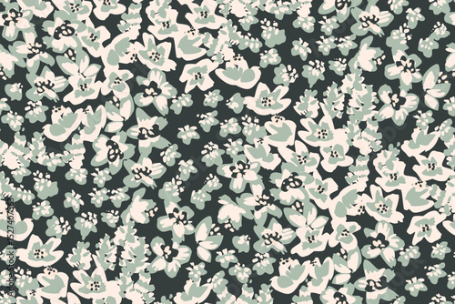 Cluster of tiny flowers as a maximalist botanical pattern in colors of teal, off white and black. Dense color block floral design. Seamless vector pattern. Great for homedecor, fabric, wallpaper,gifts