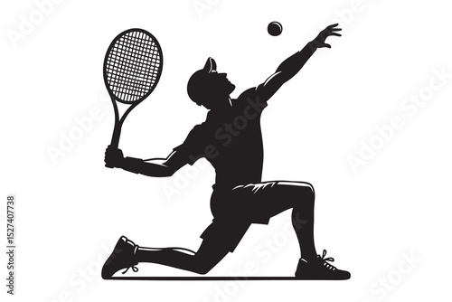 Silhouette of Tennis Player Serving with Racket – Vector Illustration
