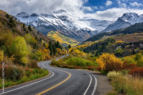 Autumn mountain road on white background