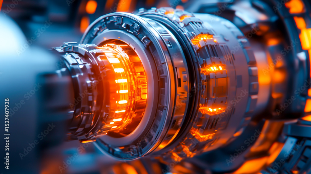 Obraz premium A close-up view of a futuristic machinery component with glowing orange elements, set in a high-tech environment