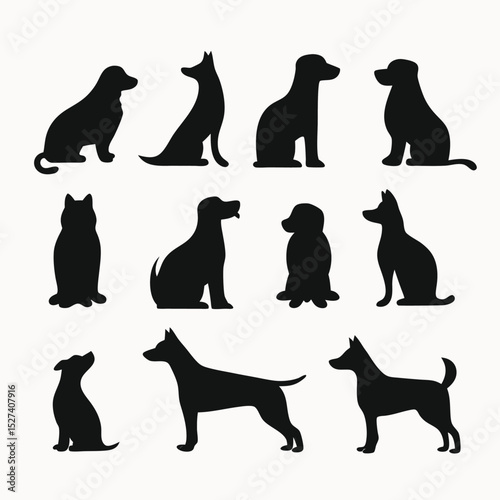 Collection of Dog and Cat Silhouettes Simple Black and White Pet Icons