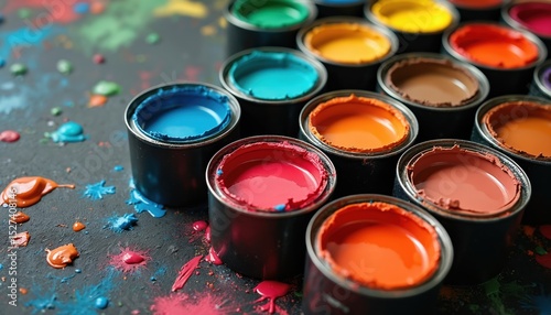 Fototapeta Naklejka Na Ścianę i Meble -  Vibrant paint cans filled with colorful paints of different shades. Close-up view of paint cans in various colors. Splashes of paint create artistic, creative background. Ideal for art studio