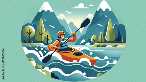 Kayaking on a River, A person kayaking down a fast-moving river, splashing through white 