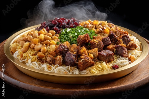 Delicious lamb rice dish on white background