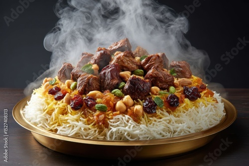 Delicious lamb rice dish on white background