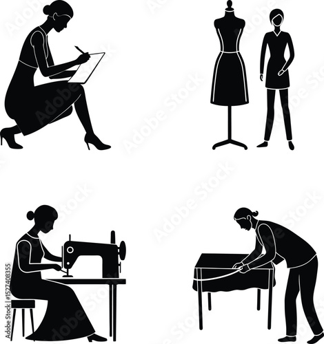 Fashion Designer Silhouette Vector Set . Sketching, Sewing, Draping And  Measuring Fabric