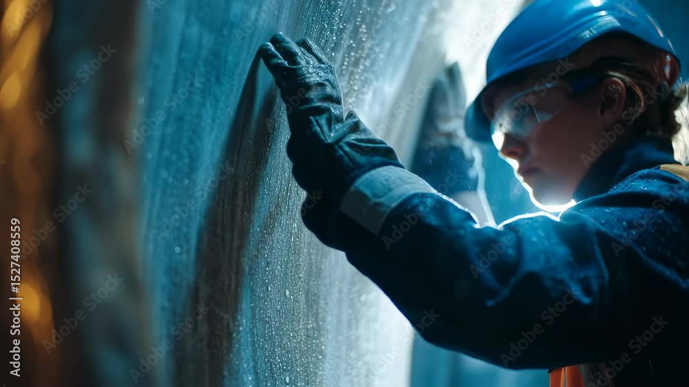 Engineer wearing protective gear meticulously examines the interior of a large pipeline, illuminated by a futuristic blue light, ensuring its structural integrity and operational readiness