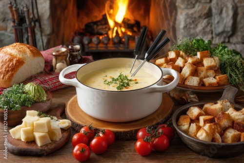Cheese fondue recipe on white background