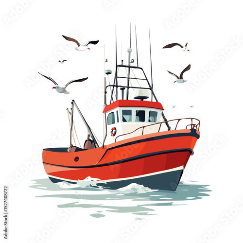 2D flat Seagulls Circling Fishing Boat vector illustration, isolated on a white background.