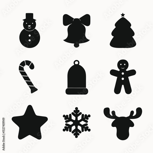 Collection of Nine Christmas Icons Snowman, Bell, Tree, Candy Cane, Gingerbread Man, Star, Snowflake, and Reindeer