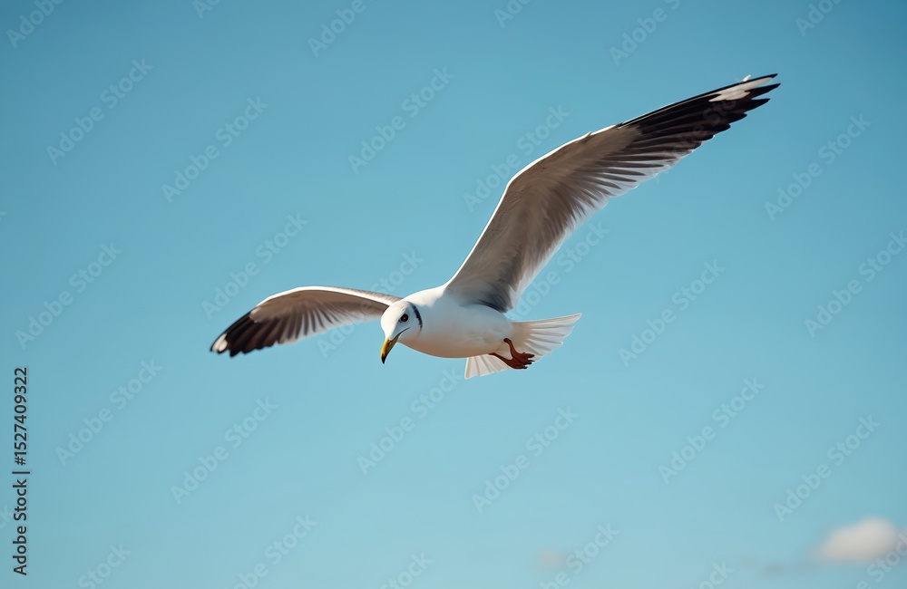 Obraz premium Seagull soaring in vibrant blue sky. White bird with outstretched wings, soaring high above, sunlit day. Wildlife scene evokes freedom, bird watching, ornithology. Sea, ocean background.